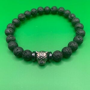 Black Beaded Bracelet with Silver Panther Charm